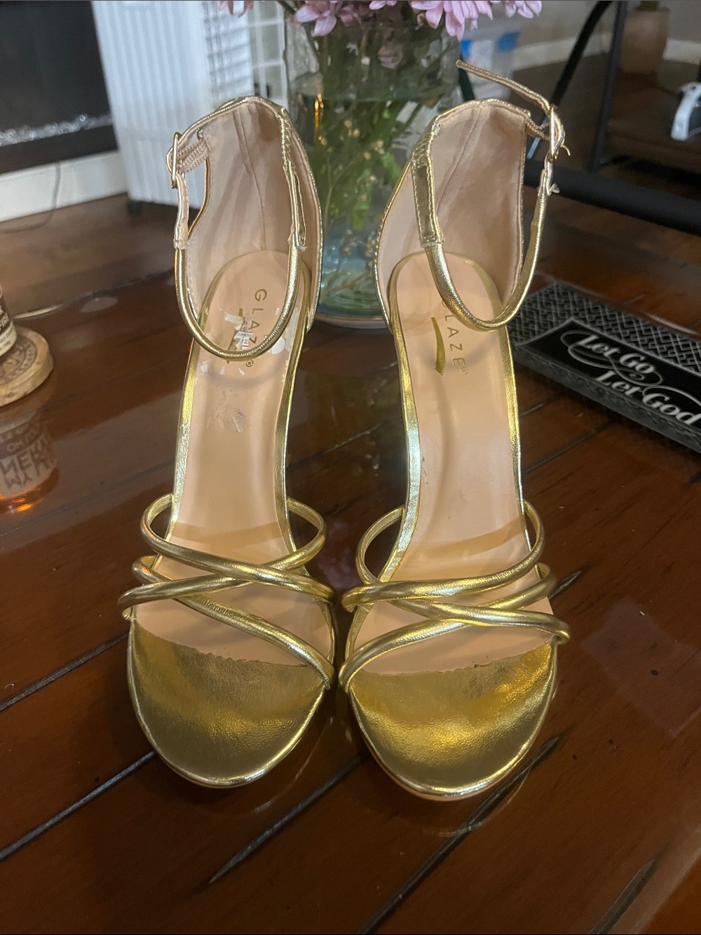 NEW ! Glaze Metallic Gold Strappy Ankle-Heel Sandals